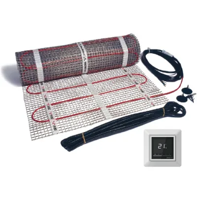 DEVI Dünnbett Heizmatten Set 4 m² | Elektro Fußbodenheizung 150 W/m² | selbstklebend | inkl. Thermostat