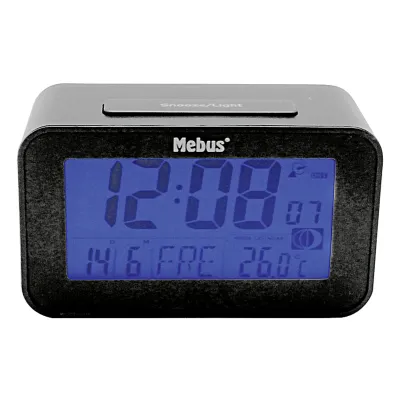 MEBUS Funkwecker digital 400327 | Großes 2-Zeilen-LC | Temperaturanzeige | Mondphase | Kalender | 12/24h | anthrazit