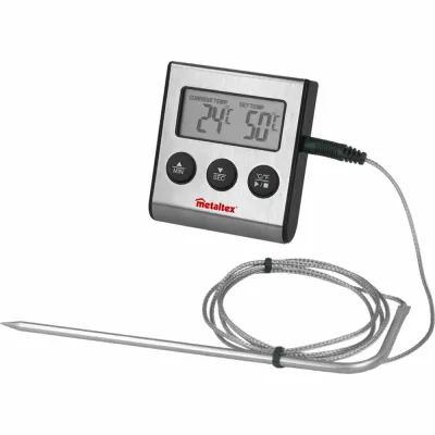 Metaltex Digital Thermometer 29806210 | Bratenthermometer für Backofen & Grill mit Timer & Alarm | Edelstahl | Grau
