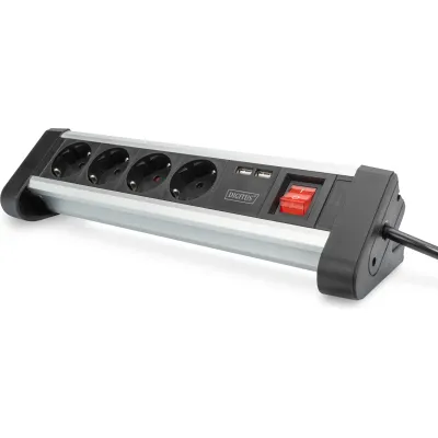 DIGITUS Steckdosenleiste 4-fach DA-70614 | 2x USB 5V/2A | Aluminium | Schalter | 1,5m Kabel | 45° | silber/schwarz