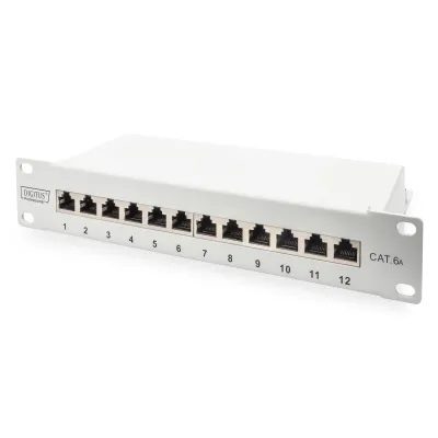 Digitus Patchpanel DN-91612S-EA-G | Cat.6A geschirmt | 12-Port | 10 Zoll Rackmount | 1HE | LSA-Anschluss | grau