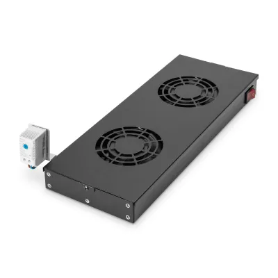 DIGITUS Einschublüfter DN-19 FAN-2-HO-SW | 19 Zoll Lüftereinheit | 2 Lüfter | Thermostat | Schalter | schwarz | 483 mm