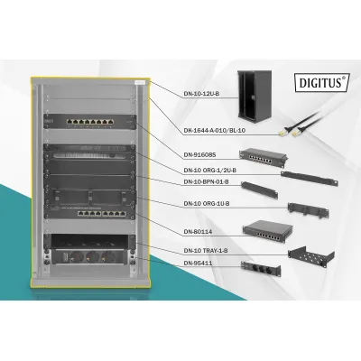 DIGITUS Netzwerk-Set DN-10-SET-3-B | 12HE | 254 mm (10 Zoll) | Netzwerkschrank komplett | Wandgehäuse | Stahl | schwarz