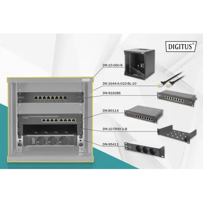 DIGITUS Netzwerk-Set DN-10-SET-1-B | 10 Zoll 6HE Wandschrank | 254 mm | 8-Port Switch | CAT 6 Patchpanel | Schwarz