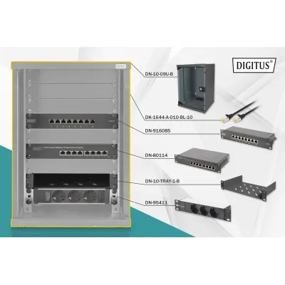 DIGITUS Netzwerk-Set DN-10-SET-2-B | 10 Zoll 9HE Wandschrank | 8-Port Gigabit Switch | CAT6 Patchpanel | Stahl schwarz
