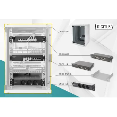 DIGITUS Netzwerk-Set DN-10-SET-2 | 10 Zoll Wandschrank 9HE | inkl. Switch, Patchpanel, Fachboden, PDU | grau RAL 7035