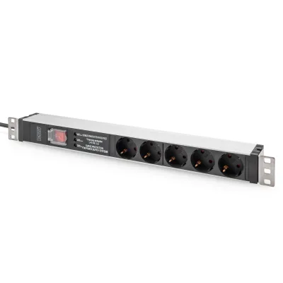 DIGITUS Steckdosenleiste DN-95433 | 19 Zoll PDU 1HE | 5x Schuko | Netzfilter | Schalter | 2m Kabel | Aluminium Schwarz