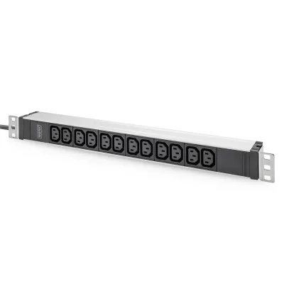 DIGITUS Steckdosenleiste PDU DN-95426 | 19" 1HE | 12x C13 | 230V 16A | Aluminium | 2m Kabel | Schutzkontakt | schwarz