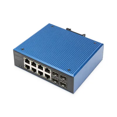 DIGITUS Industrial Netzwerk-Switch DN-651153 | 8+4 Port Gigabit Ethernet | PoE+ 200W | IP40 | SFP | Hutschienenmontage