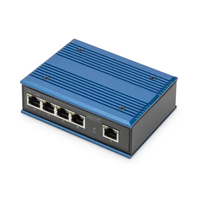 DIGITUS Industrieller Gigabit PoE Switch DN-651120 | 4 Port | 1 Uplink | unmanaged | 120W | DIN Rail | IP40 | blau
