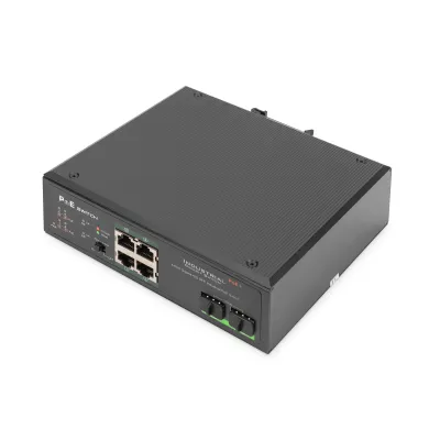 DIGITUS Netzwerk-Switch DN-651109 | Industriell | 4-Port Gigabit PoE+ | 2x SFP Uplink | Hutschiene | IP40 | unmanaged