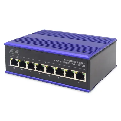 DIGITUS Industrieller 8-Port Fast Ethernet PoE Switch DN-650108 | 8x 10/100 Mbps | DIN Rail | 200W | IP40 | Unmanaged
