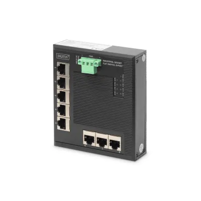 DIGITUS Industrial Netzwerk-Switch DN-651127 | 8-Port Gigabit | Flat | Unmanaged | DIN-Schiene | IP40 | schwarz