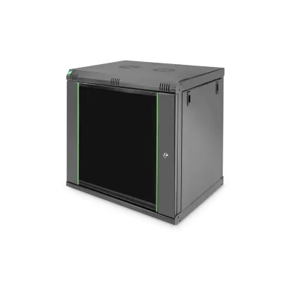 DIGITUS Wandgehäuse DN-19 12-U-EC-SW | Netzwerkschrank 19 Zoll | 12HE | 600x450 mm | Stahl | Glastür | Schwarz RAL 9005