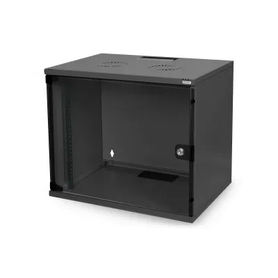 DIGITUS Wandgehäuse DN-19 07-U-S-SW | 19 Zoll Netzwerkschrank | 7HE | Glastür | Stahl | Schwarz RAL 9005 | unmontiert