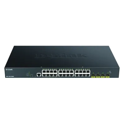 D-Link Switch Managed DGS-1250-28XMP/E | 28-Port (24x PoE+ 370W, 4x 10G SFP+, Layer 2+, Rackmount, Metall) | Schwarz