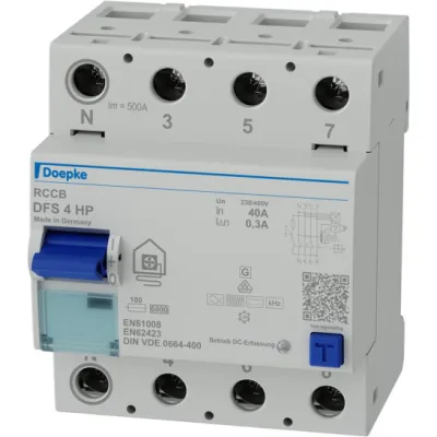 Doepke FI-Schutzschalter DFS4 040-4/0,30-HP | Typ B+ | 4-polig | 40A | 0,3A | 400V | Wärmepumpen | DIN-Schiene | IP20