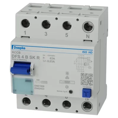 Doepke FI-Schutzschalter DFS4 Typ B | 4-polig | 63A | 400V | 30mA | DIN-Schiene | IP20 | HD-Ausführung