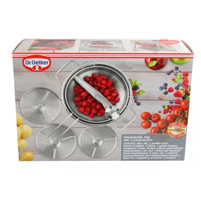 Dr. Oetker Passiergerät 3242 | Passiermühle Edelstahl | 3 Lochscheiben | spülmaschinengeeignet | Silber