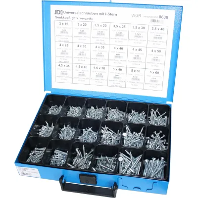 Dresselhaus Universalschrauben Sortiment 940 Stück | Senkkopf | I-Stern | verzinkt | Metallkassette | Tragegriff