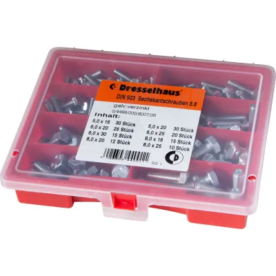 Dresselhaus Sortimentskasten Sechskantschrauben DIN 933 4499/000/06 6007 | 8.8 verzinkt | 157 Stück | M5–M8 sortiert