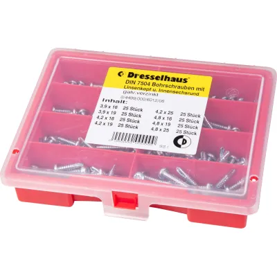 Dresselhaus Bohrschrauben Sortiment 6012 | DIN 7504 | Torx Linsenkopf | verzinkt | 200 Stück | 8 Größen