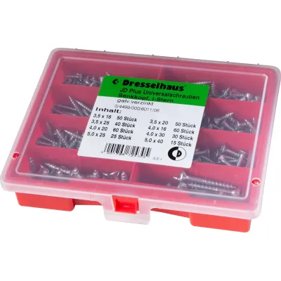 Dresselhaus Schrauben-Sortiment JD PLUS | Universalschrauben Senkkopf I-Stern | verzinkt | 330-tlg. | 3,5–5,0 mm