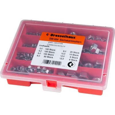 Dresselhaus Sortiment Sechskantmuttern DIN934 4499/000/06 6005 | galvanisch verzinkt | 402 Stück | M3-M12 | Sortiment