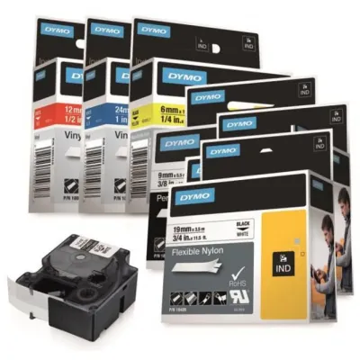 DYMO Schriftband 18482 | Industrie Polyesteretiketten 9 mm x 5,5 m | Schwarz auf Weiß | permanent klebend | UV-beständig