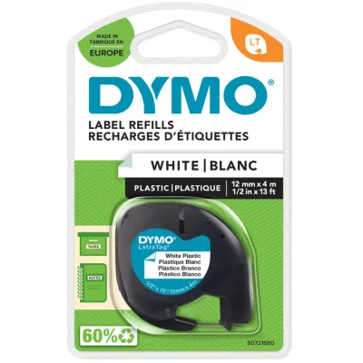 DYMO LetraTag Schriftband S0721660 / 91221 | Kunststoff | 12 mm x 4 m | schwarz auf weiß | selbstklebend