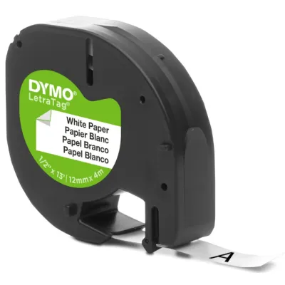 DYMO LetraTag Papier Schriftband S0721510 | Etikettenband 12mm x 4m | selbstklebend | schwarz auf weiß | FSC