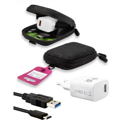 E+P Elektrik Universal-Ladegerät AC101 | USB Ladeset 18W | Schnell-Ladegerät | USB-A/USB-C Kabel 0,5m | in Tasche | weiß