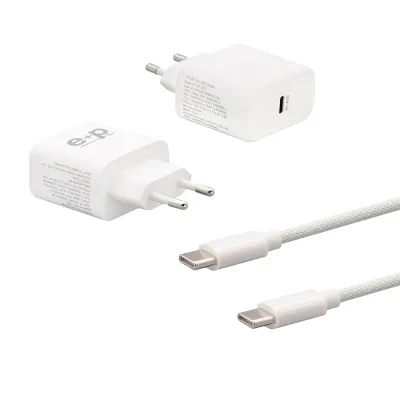 E+P Elektrik USB-C Ladeset AC-SET 221 | 45W Schnellladegerät GaN | Power Delivery | Quick Charge | PPS | 2m Nylonkabel