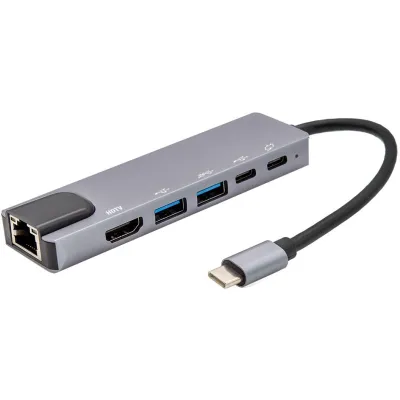 E+P USB-C Multiport-Adapter MPA 6 | 6-in-1 Hub | 5Gbps | 100W PD | 4K HDMI | Ethernet | Aluminium | schwarz-silber