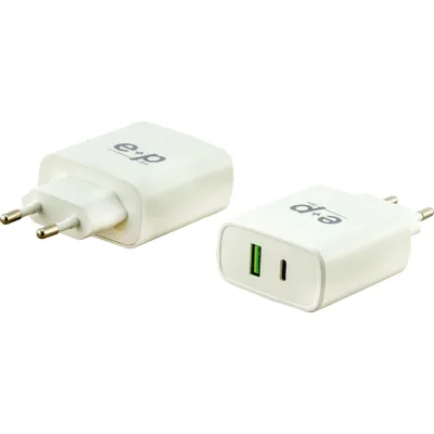 E+P USB Schnell-Ladegerät AC 212 | 2 Ports USB-C & USB-A | 38W Power Delivery | Überladeschutz | weiß