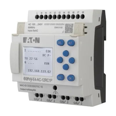 Eaton Steuerrelais easyE4 EASY-E4-AC-12RC1P | 100–240V AC/DC | 8 Eingänge | 4 Relaisausgänge | Ethernet | MODBUS | IP20