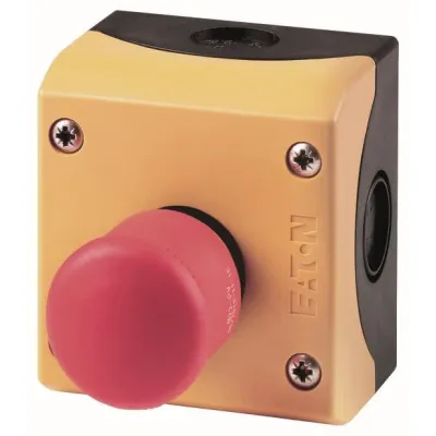 Eaton Not-Aus-Taster M22-PV/KC11/IY 216525 | Pilz 38mm | Aufbaugehäuse | Zugentriegelung | IP66/IP69K | rot/gelb