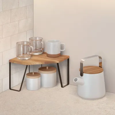 Metaltex Eckregal York Lava 350810000 | 1 Etage | Akazienholz-Ablage | Metall schwarz/natur | 25x25x16 cm | platzsparend