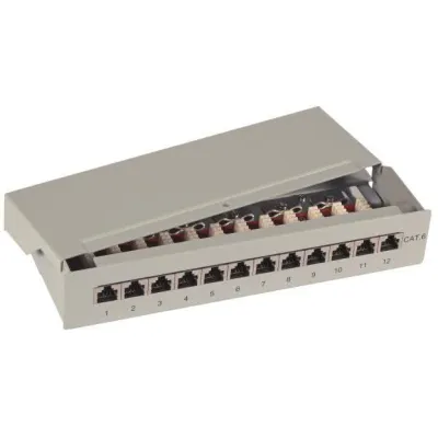 EFB Elektronik Mini Patchpanel 37736.12 | 12x RJ45 Cat.6 | 1HE 10" | geschirmt | 5 Gbit/s | Wand- oder Hutschiene | grau