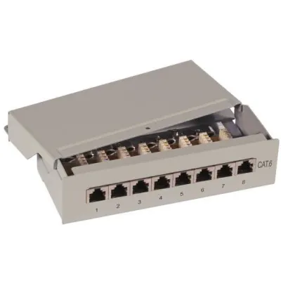 Helos Mini Patchpanel 37736.8 | 8x RJ45 Ports | Cat.6 geschirmt | 1HE 10 Zoll | Wandmontage/Hutschiene | grau