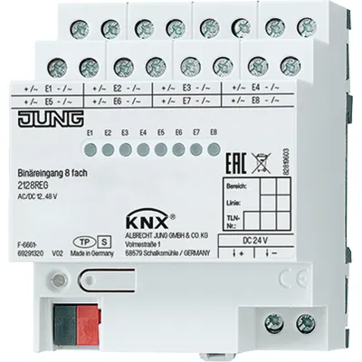 JUNG KNX Binäreingang 2128REG | 8-fach | REG 4TE | Eingangsspannung 12-48V AC/DC | Status-LED | Busankopplung | IP20