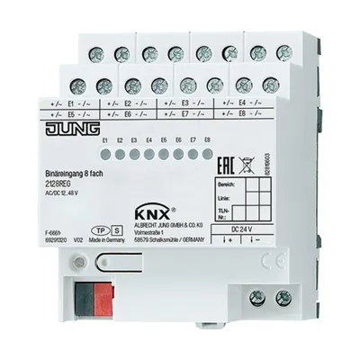 JUNG KNX Binäreingang 2128REG | 8-fach | REG 4TE | Eingangsspannung 12-48V AC/DC | Status-LED | Busankopplung | IP20