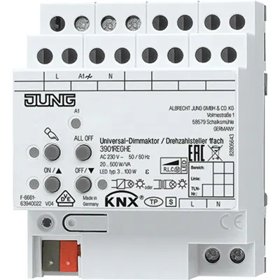 JUNG KNX Universal-Dimmaktor 3901REGHE | 1-fach | 20-500W | LED geeignet | REG 4TE | Hutschiene | Handbedienung