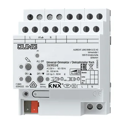 JUNG KNX Universal-Dimmaktor 3901REGHE | 1-fach | 20-500W | LED geeignet | REG 4TE | Hutschiene | Handbedienung
