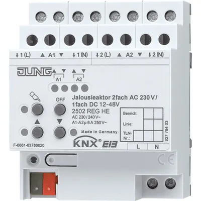 JUNG KNX Jalousieaktor 2502REGHE | 2-fach 230V AC | 1-fach 12–48V DC | REG 4TE | Handbetätigung | LED-Anzeige