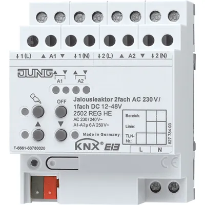JUNG KNX Jalousieaktor 2502REGHE | 2-fach 230V AC | 1-fach 12–48V DC | REG 4TE | Handbetätigung | LED-Anzeige