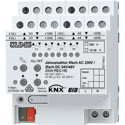 Jung KNX Jalousieaktor 2504REGHE | 4-fach AC 230V | 2-fach DC 12-48V | REG | Handbedienung | LED | Hutschiene