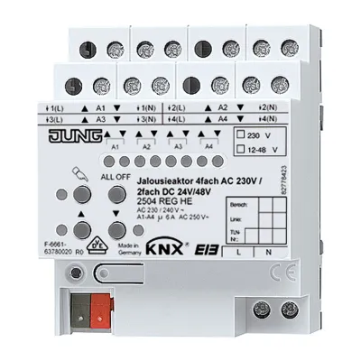 Jung KNX Jalousieaktor 2504REGHE | 4-fach AC 230V | 2-fach DC 12-48V | REG | Handbedienung | LED | Hutschiene