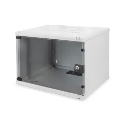 DIGITUS Wandgehäuse SOHO DN-19 07U-S-1 | 19 Zoll 7HE Netzwerkschrank | Glastür abschließbar | RAL 7035 Grau