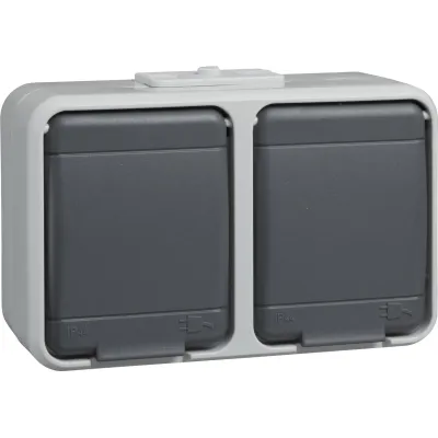 ELSO Doppelsteckdose Aufputz | SCHUKO 2-fach waagerecht | IP44 Klappdeckel | lichtbasaltgrau